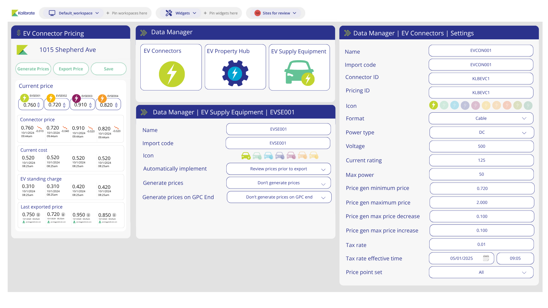 Kalibrate EV Pricing screens
